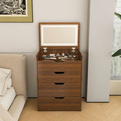 3-in-1 Vanity Desk with Lighted Mirror & Stool, Flip Top Makeup Dressing Table, Compact Storage for Bedroom, Bathroom, Dressing Room(23.62inch L, Walnut)