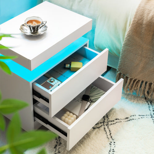 Set of 2 White LED Nightstands with Drawers