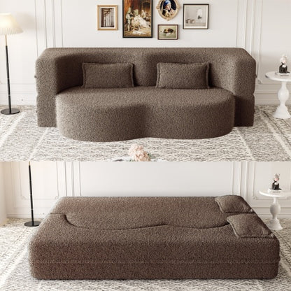 Brown Convertible Sherpa-Fleece Full-Size Floor Sofa-Bed 15 inch  Height with 2 Pillows No-Assembly