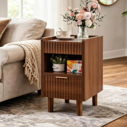Walnut Fluted Nightstands Set of 2 with Drawer and Open Storage