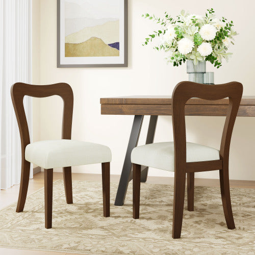 Set of 2 Walnut Rubberwood Open Back Dining Chairs, Minimalist Beige Upholstered Armless Side Chairs