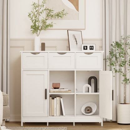 White Multi-Functional Wooden Storage Cabinet With 3 Drawers 2 Doors Adjustable Shelves Home Accent Cabinet