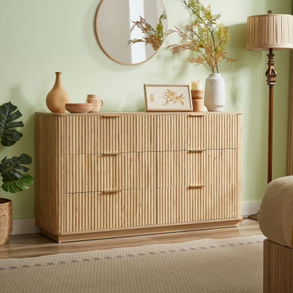6 Drawers Dresser,55" Wide Modern Chest of Drawers Curved wave Design, Dresser TV Stand, Wood Drawer Organizer for Bedroom, Living Room, Hallway, Walnut,55.12''W x 15.75''D x 31.5''H.