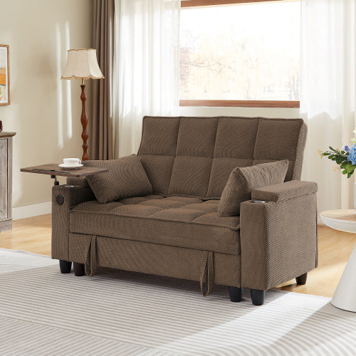 Coffee-Tone Loveseat Sofa with Storage,USB,Cup-Holder & Swivel Side Table