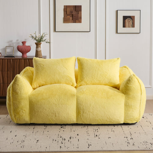 Yellow Oversized 2-Seater Fluffy Rabbit-Fabric Bean Bag Sofa with Pillows