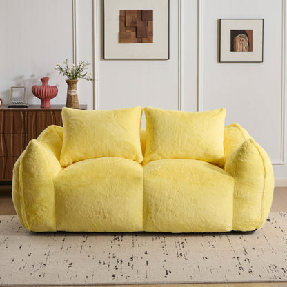 Yellow Oversized 2-Seater Fluffy Rabbit-Fabric Bean Bag Sofa with Pillows