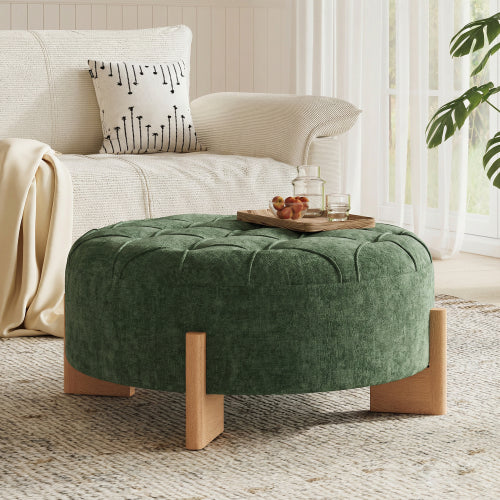 Green Round Chenille Tufted Ottoman, 32 Inch Button Tuft Footrest with L-Shaped Rubberwood Legs, 250 LBS Capacity