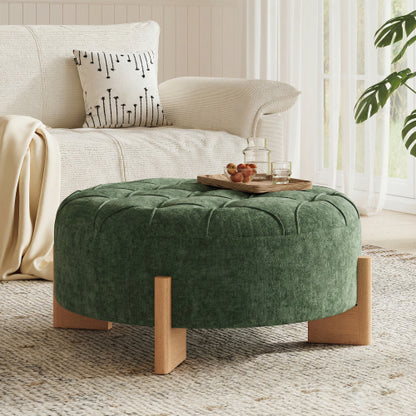 Green Round Chenille Tufted Ottoman, 32 Inch Button Tuft Footrest with L-Shaped Rubberwood Legs, 250 LBS Capacity