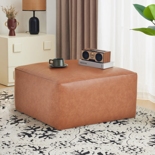 Tan Brown PU Leather Square Ottoman, Modular Upholstered Foot Stool, 29.5 inchW x29.5 inchD x15 inchH with Pocket Coil Cushion