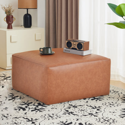 Tan Brown PU Leather Square Ottoman, Modular Upholstered Foot Stool, 29.5 inchW x29.5 inchD x15 inchH with Pocket Coil Cushion
