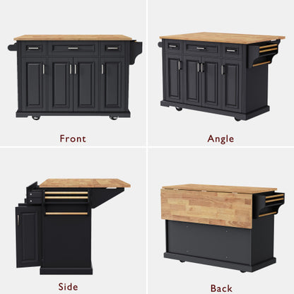 54 Inch Rolling Kitchen Island with Drop Leaf Drawers & Wheels Black