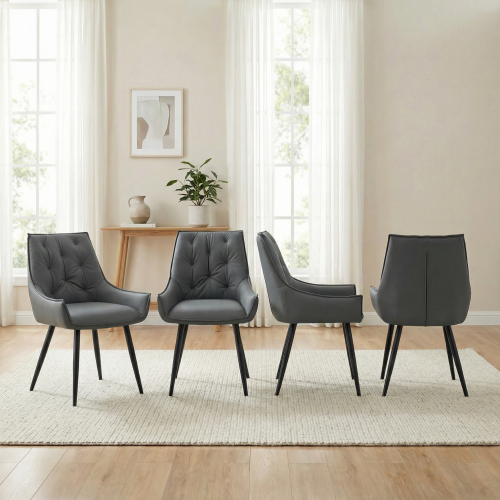 Dining Chairs Set of 4, Dark Gray Faux Leather Dining Room Chair, Metal Kitchen Chairs with Gold Mesh Texture and Black Sanded Legs, Flat Back Upholstered Chair (Dark Gray, Set of 4)