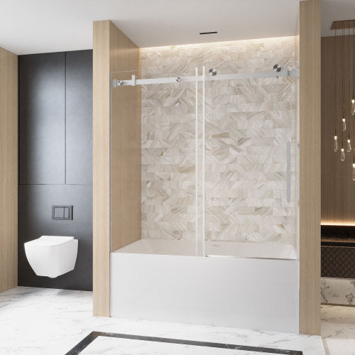 Frameless Single sliding shower door 56-60 "W x 60" H, 1/4 "(6 mm) Clear Tempered Glass, Explosion Proof Film, Stainless Steel Handle Square Tube Track ,Brushed Nickel