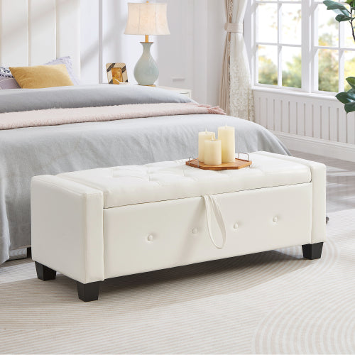48'' Storage Ottoman Bench Tufted Faux Leather Upholstered Bench Ivory White