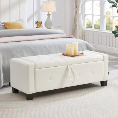 48'' Storage Ottoman Bench Tufted Faux Leather Upholstered Bench Ivory White