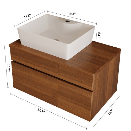 31.5inch Floating Single Bathroom Vanity with Sink High Quality Solid Wood Top Vessel Ceramic Sink