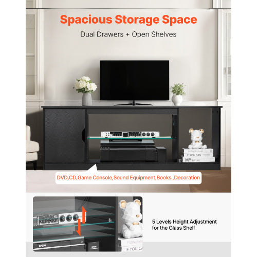 65 Inch Black Minimalist LED Light TV Stand with Tempered Glass Adjustable Storage Shelves