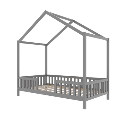 Montessori Floor Bed with Canopy, Twin Bed Frame for Kids, House Shape Toddler Bed Frame with High Railings, Wood Kids Bed with Roof, Kid Twin Bed, Grey