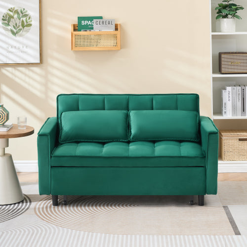 55-Inch Green Velvet 3-in-1 Convertible Sleeper Loveseat Sofa-Bed with Side Pockets for Living-Room Guest-Room