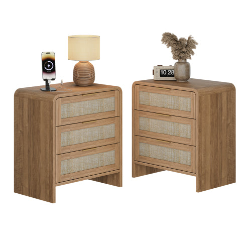 Rattan Nightstand with 3 Drawers, 22.8inch  Wide Curved Wooden Bedside Table, Modern Storage for Bedroom, Caramel Oak.