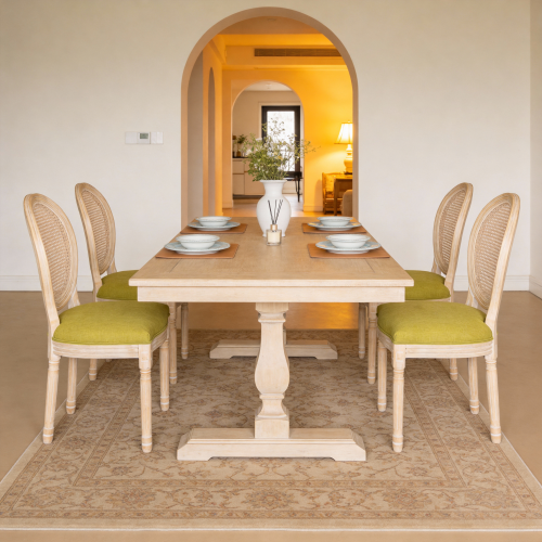 Set of 2 Green French Country Rattan Round Back Dining Chairs, Full Solid Wood Frame Disassemblable Side Chairs