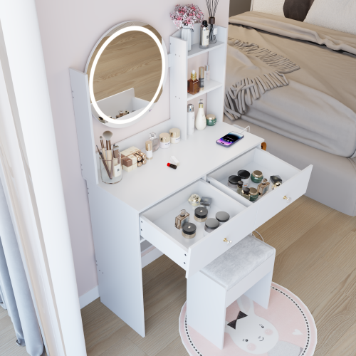 White 17 inch  Round LED Vanity Table + Cushion Stool, 2 AC + 2 USB, Touch Switch, 3 Colors, Large Desktop