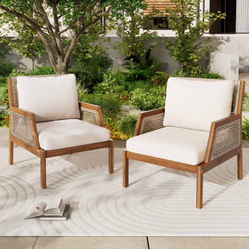 2 Piece Acacia Wood Patio Furniture Club Chair, Set of 2 Outdoor Wicker Armchair, Deep Seating with Soft Cushions for Porch, Garden, Backyard, Balcony, Teak & Mix Brown & Cream