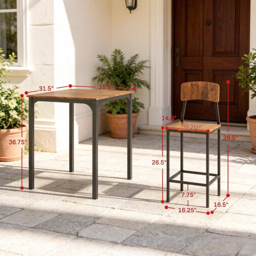 3-Piece Walnut & Black Industrial Dining Set, Square MDF Table & 2 Space-Saving Stools