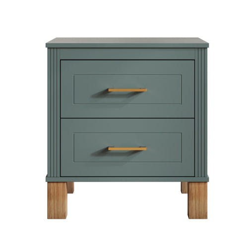 Blue Fluted Nightstand, 2-Drawer Bedside Table with Metal Handles & Solid Wood Legs