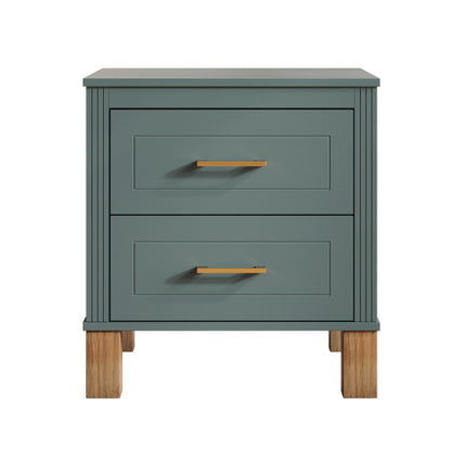 Blue Fluted Nightstand, 2-Drawer Bedside Table with Metal Handles & Solid Wood Legs