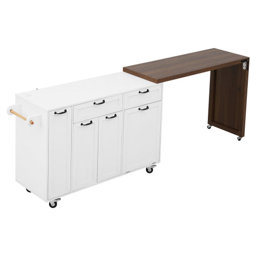 102 Inch Kitchen Island with Extendable Dining Table & Trash Storage White