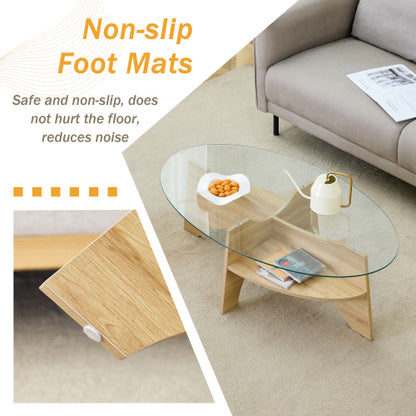 Oval Tempered Glass Coffee Table 41.3 Inch Wood Grain Legs Modern Accent