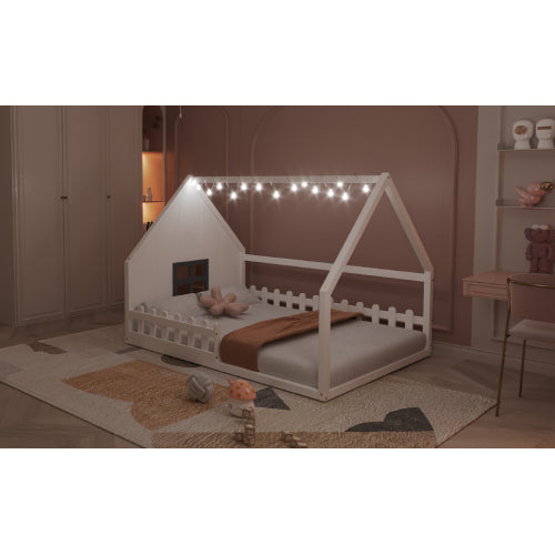 Full Size Wood House Bed with Window and Fence, White