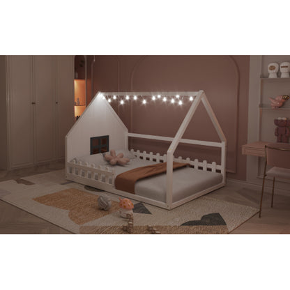 Full Size Wood House Bed with Window and Fence, White
