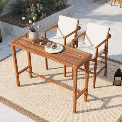 3 Piece Outdoor Bar Set, Patio Acacia Wood Bar Height Table & 2 Stools with Cushions, Wood Dining Bar Set for Backyard, Poolside, Balcony, Beige Cushions
