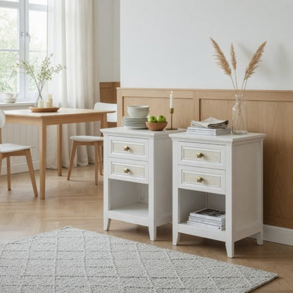 Set of 2 White Rattan Boho Nightstands