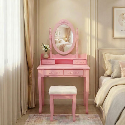 Pink Princess Vanity Desk Set with Mirror & Cushioned Stool, 4-Drawer Wooden Makeup Vanity Table for Girls' Bedroom, Dressing Table with Ample Storage