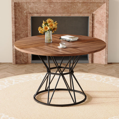 47.3 Inch Walnut Wood Grain Round Dining Table with Hourglass Metal Bracket for 4-6 People