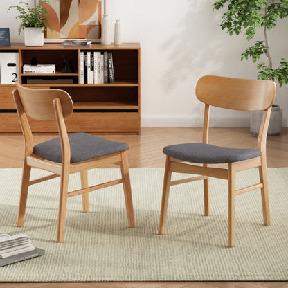 Set of 2 Dark Grey Fabric Dining Chairs, Natural Oak Finish Solid Rubberwood Leg Minimalist Side Chairs