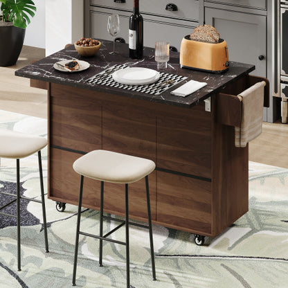 Walnut Brown Rolling Kitchen Island Cart With Trash Can Storage