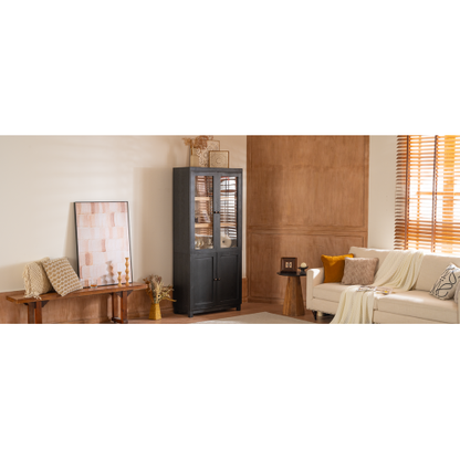 74.5''H Ash Wood Grain Mid-Century Glass Door Display Cabinet Adjustable Shelf Home Storage Cabinet