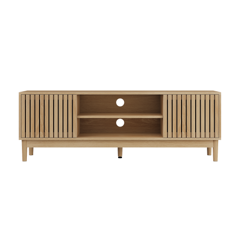 55 Inch Oak Vertical Slat Mid-Century TV Stand Silent Hinge Media Cabinet Fits 65 Inch TV