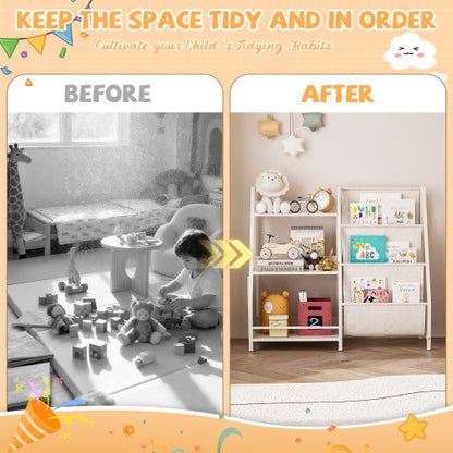 White Montessori Kids Bookshelf Wooden Fabric Combined Anti-Tip Toddler Nursery Book Toy Storage Rack