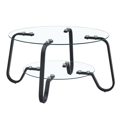 31.5 Inch Retro Double-Layer Tempered Glass Coffee Table, Metal Frame Compact Accent Table for Home Office