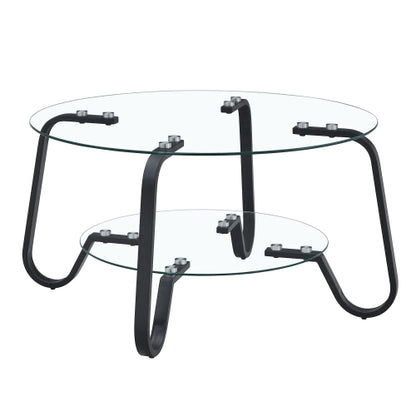 31.5 Inch Retro Double-Layer Tempered Glass Coffee Table, Metal Frame Compact Accent Table for Home Office