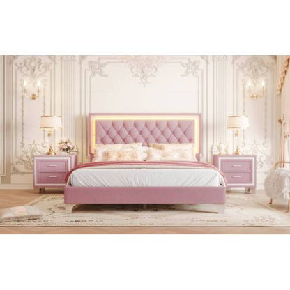 Queen Size Upholstered Bed Frame with LED Lights,Modern Velvet Platform Bed with Tufted Headboard,Pink