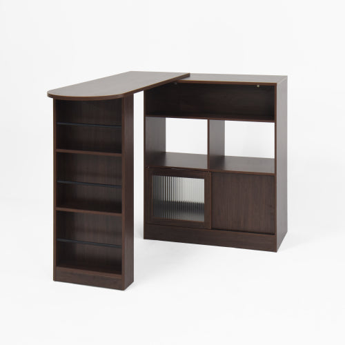 Modern Bar Cabinet with Rotating top, Counter Height Dining Cabinet with 6 Storage space and 2 Ribbed Glass Door for Kitchen, The Rotating Top with 3 Storage Shelves Dining Room, Living Room, Walnut