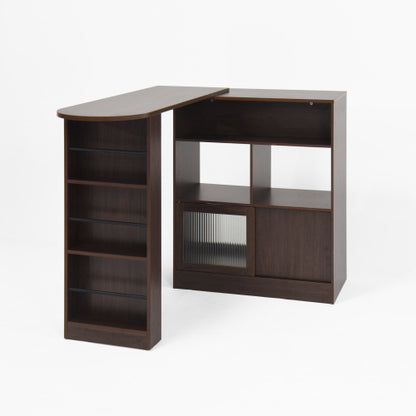 Modern Bar Cabinet with Rotating top, Counter Height Dining Cabinet with 6 Storage space and 2 Ribbed Glass Door for Kitchen, The Rotating Top with 3 Storage Shelves Dining Room, Living Room, Walnut