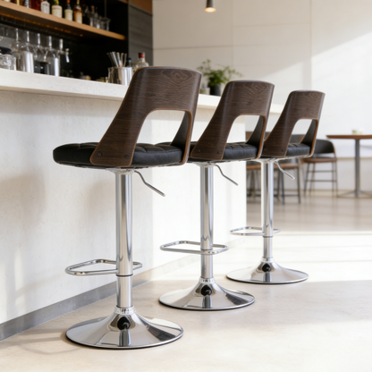 Modern Stylish Wood Back Adjustable Swivel Bar Stool with Diamond Quilted Finish Curved Seat and Back, Weathered Oak
