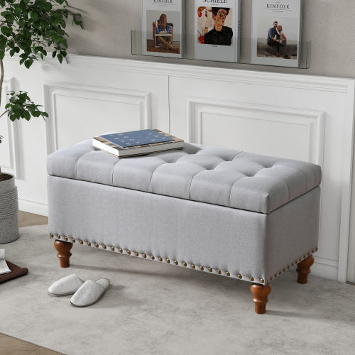 36.61 inch Linen Storage Ottoman Bench with Safety Hinge, Grey